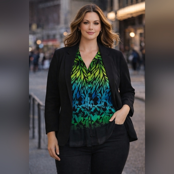 Sheer Chiffon Blouse Green Blue Ombre Floral Top Flowy Bell Sleeve Work to Weeke - Picture 4 of 11